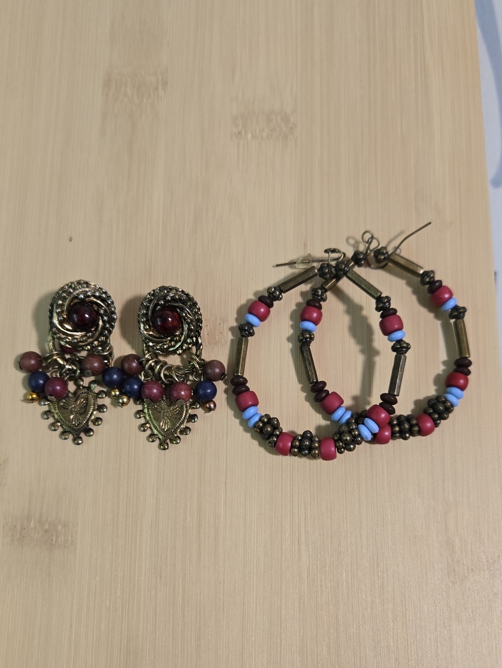 Boho Mixed Bead Hoop Earrings in Red, Blue & Purple